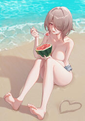 Rule 34 | 1girl, ;d, barefoot, beach, breasts, collarbone, day, eating, eyes visible through hair, food, fruit, hair over one eye, heart, highres, holding, holding food, holding fruit, holding spoon, honkai (series), honkai impact 3rd, knees up, large breasts, light brown hair, mole, mole under eye, one eye closed, open mouth, outdoors, pink eyes, rita rossweisse, ruo zhishi chu jian, sand, sand writing, short hair, short shorts, shorts, sitting, smile, solo, spoon, thighs, topless, water, watermelon