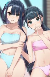 Rule 34 | 2girls, absurdres, akira tooru, black hair, blue tube top, blunt bangs, blurry, blurry background, blush, breasts, brown eyes, cleavage, closed mouth, commentary request, covered erect nipples, green eyes, highres, large breasts, long hair, looking at viewer, multiple girls, navel, open mouth, original, pink tube top, ponytail, side ponytail, small breasts, strapless, swimsuit, tube top