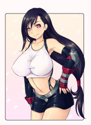 Rule 34 | 1990s (style), 1girl, black hair, breasts, brown eyes, covered erect nipples, elbow gloves, elbow pads, female focus, final fantasy, final fantasy vii, fingerless gloves, gloves, gradient background, hand on own hip, highres, large breasts, long hair, looking at viewer, low-tied long hair, mahito, midriff, navel, pencil skirt, red eyes, retro artstyle, shirt, skirt, smile, solo, square enix, suspender skirt, suspenders, tank top, taut clothes, taut shirt, tifa lockhart, very long hair