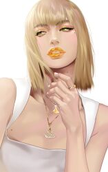 Rule 34 | 1girl, am 202004, blackpink, blonde hair, bob cut, close-up, commentary, eyeshadow, highres, jewelry, lisa (blackpink), looking to the side, makeup, mole, necklace, ring, simple background, solo, white background, yellow eyeshadow, yellow lips, yellow nails