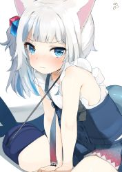 Rule 34 | 1girl, animal ears, blue eyes, blue hair, blush, cat ears, female focus, fins, fish tail, gawr gura, gawr gura (casual), highres, hololive, hololive english, kemonomimi mode, looking at viewer, multicolored hair, nejime, shark tail, short shorts, shorts, side ponytail, sitting, sleeveless, solo, tail, two-tone hair, virtual youtuber, white hair
