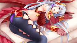 Rule 34 | 1girl, artist request, bare shoulders, black pants, breasts, cleavage, couch, dragon girl, dragon horns, dragon tail, fang, game cg, grey hair, hairband, horns, horo (monster musume), large breasts, long hair, looking at viewer, lying, midriff, monster musume no iru nichijou, monster musume no iru nichijou online, navel, official art, on couch, open mouth, pants, red scales, red wings, scales, solo, tail, wings