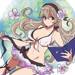 Rule 34 | 1girl, bikini, book, breasts, closed mouth, corrin (female) (fire emblem), corrin (female) (summer) (fire emblem), corrin (fire emblem), fire emblem, fire emblem fates, fire emblem heroes, flower, hair flower, hair ornament, hairband, highres, holding, holding book, large breasts, long hair, nintendo, official alternate costume, open book, pointy ears, red eyes, smile, solo, sou mei, swimsuit, thigh strap, white hair