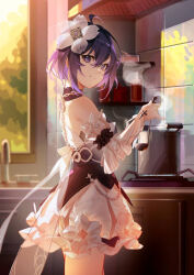 Rule 34 | 1girl, ahoge, bare shoulders, black hair, chain, commentary request, cooking pot, day, detached sleeves, dress, faucet, flower, from side, hair between eyes, hair flower, hair ornament, hand up, holding, honkai (series), honkai impact 3rd, indoors, ladle, looking at viewer, looking to the side, puffy short sleeves, puffy sleeves, purple eyes, purple hair, sang sha, seele vollerei, seele vollerei (stygian nymph), short sleeves, smile, solo, standing, steam, tile wall, tiles, transparent, white dress, white flower, white sleeves, window
