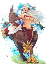 Rule 34 | 1girl, animal ears, artist name, bandaged arm, bandages, bandeau, bare shoulders, bird ears, bird legs, braid, breasts, brown feathers, centauroid, claws, cleavage, collarbone, commentary request, feathers, floating hair, gloves, grass, green eyes, green gloves, griffin, groin, highres, horse tail, large breasts, long hair, monster girl, navel, original, outstretched arms, pelvic curtain, polearm, red bandeau, second-party source, shadow, side braid, single glove, single wing, standing on three legs, stomach, tail, taur, toned, tphageru, twin braids, underboob, weapon, white hair, wings