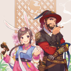 Rule 34 | 1boy, 1girl, absurdres, alternate costume, alternate hairstyle, animal ears, braid, breasts, brown eyes, brown hair, cassidy (overwatch), d.va (overwatch), facepaint, facial hair, facial mark, finger on trigger, grey background, gun, hair ornament, hanbok, handgun, hat, highres, holding, holding gun, holding weapon, holster, holstered, korean clothes, lino chang, long hair, long sleeves, looking at viewer, magistrate cassidy, mechanical arms, official alternate costume, one eye closed, open mouth, overwatch, overwatch 1, palanquin d.va, pink skirt, pipe in mouth, pistol, rabbit ears, rabbit hair ornament, revolver, short hair, simple background, single mechanical arm, skirt, small breasts, smile, smoking, smoking pipe, striped, striped sleeves, weapon, whisker markings