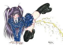 Rule 34 | 1girl, 2003, all fours, arm support, artist name, black footwear, black thighhighs, blazer, blush, clothes lift, dated, female focus, female pubic hair, full body, happy, jacket, jinjin, leg up, loafers, long hair, looking at viewer, microskirt, necktie, no panties, peeing, plaid, plaid skirt, pleated skirt, pubic hair, purple hair, pussy, school uniform, scrunchie, shoes, simple background, skirt, skirt lift, smile, solo, sparse pubic hair, sweat, thighhighs, two side up, uncensored, uniform, white background