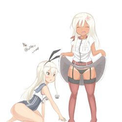 Rule 34 | 2girls, animal ears, belt, black panties, blonde hair, blue sailor collar, breast pocket, brown eyes, closed eyes, clothes lift, cosplay, crop top, dress, dress lift, hairband, kantai collection, long hair, multiple girls, neckerchief, nepty (silkey vod), one-hour drawing challenge, one-piece tan, panties, pocket, rabbit ears, red legwear, red neckerchief, ro-500 (kancolle), ro-500 (kancolle) (cosplay), sailor collar, saratoga (kancolle), saratoga (kancolle) (cosplay), school swimsuit, shimakaze (kancolle), shimakaze (kancolle) (cosplay), simple background, skirt, skirt lift, swimsuit, swimsuit under clothes, tan, tanline, thighhighs, underwear, white background, white dress