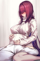 Rule 34 | 1boy, 1girl, blush, breasts, closed mouth, fate/grand order, fate (series), hand on another&#039;s head, head under another&#039;s clothes, highres, large breasts, long hair, long sleeves, lun7732, purple hair, red eyes, ribbed sweater, scathach (fate), shirt, sitting, sweater, turtleneck, turtleneck sweater, under another&#039;s clothes, very long hair, wariza, white shirt, white sweater