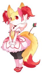 Rule 34 | animal ear fluff, animal nose, bow, braixen, cosplay, creatures (company), dress, flower, full body, furry, game freak, gen 6 pokemon, hair bow, highres, kaname madoka, kaname madoka (cosplay), mahou shoujo madoka magica, mahou shoujo madoka magica (anime), nintendo, non-web source, pink (4chan), pink footwear, pokemon, red eyes, shoes, snout, solo, standing, transparent background, white legwear
