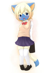 Rule 34 | 1girl, animal crossing, arms behind back, bag, blonde hair, blue eyes, blush, fang, female focus, furry, furry female, holding, kagerofu, looking at viewer, mitzi (animal crossing), nintendo, no humans, open mouth, school uniform, shoes, short hair, solo, standing, tail, thighhighs, zettai ryouiki