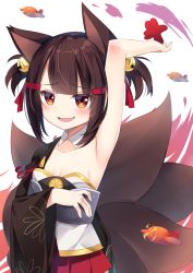 Rule 34 | 1girl, :d, ikazu401, aircraft, airplane, akagi-chan (azur lane), akagi (azur lane), animal ears, arm up, armpits, azur lane, bare arms, bare shoulders, bell, black kimono, blush, breasts, brown eyes, brown hair, collar, commentary, detached collar, fang, fox ears, fox girl, fox tail, hair bell, hair ornament, hair ribbon, japanese clothes, jingle bell, kimono, kitsune, looking at viewer, open mouth, pleated skirt, red ribbon, red skirt, ribbon, sidelocks, skirt, small breasts, smile, solo, strapless, tail, twintails, white background, white collar