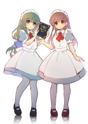 Rule 34 | 2girls, aged up, alternate costume, apron, arm at side, back bow, black footwear, blue bow, blush, bow, brown eyes, brown hair, clannad, closed mouth, commentary, enmaided, eyes visible through hair, frilled apron, frills, full body, green hair, hair between eyes, hair ornament, hairclip, hand up, highres, holding, holding menu, ibuki fuuko, lliissaawwuu2, long hair, looking at viewer, maid, maid apron, maid headdress, mary janes, menu, multiple girls, necktie, okazaki ushio, pantyhose, parted lips, puffy short sleeves, puffy sleeves, red necktie, shoes, short necktie, short sleeves, sidelocks, simple background, smile, standing, star (symbol), straight-on, straight hair, white apron, white background, white bow, white pantyhose, yellow eyes