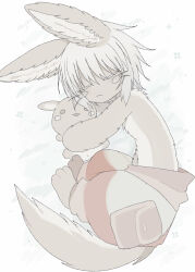 Rule 34 | 1other, :&lt;, animal ear fluff, animal ears, body fur, brown fur, closed eyes, closed mouth, colored eyelashes, commentary, flower, furry, holding, holding stuffed toy, lying, made in abyss, medium hair, nanachi (made in abyss), narehate, other focus, pants, puffy pants, rabbit ears, red pants, sidelocks, sleeping, solo, stuffed animal, stuffed rabbit, stuffed toy, tail, tatososu, whiskers, white hair