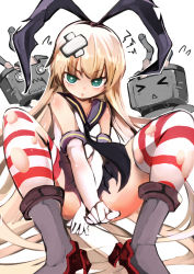 Rule 34 | 10s, 1girl, bad id, bad pixiv id, bandages, black panties, blonde hair, blush, elbow gloves, gloves, hairband, kantai collection, long hair, looking at viewer, navel, panties, personification, rensouhou-chan, shimakaze (kancolle), shun soku, sitting, solo, striped clothes, striped thighhighs, thighhighs, torn clothes, turret, underwear, white gloves