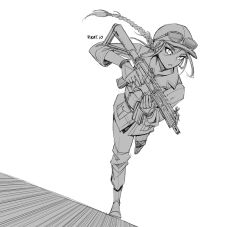 Rule 34 | 1girl, artist name, ash (rainbow six siege), baseball cap, boots, braid, greyscale, hair behind ear, hat, highres, holding, holding sword, holding weapon, jacket, long hair, looking to the side, monochrome, open mouth, pikat, rainbow six siege, running, solo, sword, weapon, weapon request, white background