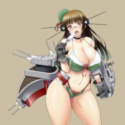 Rule 34 | 10s, 1girl, adapted costume, ayato, bare shoulders, bikini, black gloves, black hair, black panties, blunt bangs, blush, breasts, brown hair, choker, choukai (kancolle), choukai kai ni (kancolle), cleavage, covered erect nipples, cowboy shot, food, glasses, gloves, grey gloves, groin, hair ornament, hat, headgear, highleg, highleg panties, kantai collection, large breasts, long hair, looking at viewer, machinery, navel, open mouth, panties, popsicle, red eyes, rimless eyewear, solo, swimsuit, thick thighs, thighs, tongue, tongue out, turret, underwear