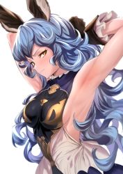 Rule 34 | 1girl, absurdres, animal ears, armpits, arms up, bare shoulders, belt, black gloves, blue hair, blue skirt, blush, breasts, brown eyes, cape, embarrassed, erune, ferry (granblue fantasy), gloves, granblue fantasy, half-closed eyes, highres, long hair, looking at viewer, loose belt, medium breasts, sideboob, sidelocks, simple background, skirt, solo, tsurime, ulrich (tagaragakuin), v-shaped eyebrows, wavy hair, white background