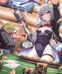 Rule 34 | 1girl, arm up, black sleeves, blue eyes, bow, bowtie, breasts, casino, casino card table, chips (food), clenched teeth, coattails, commentary request, cowboy shot, cup, detached collar, dot nose, drill hair, drink, food, formal, four of hearts, frog, frog hair ornament, g home, glass, grey hair, hair between eyes, hair ornament, highleg, highleg leotard, highres, holding, holding microphone stand, holding tray, indoors, jacket, legs apart, leotard, looking at viewer, medium hair, microphone stand, open clothes, open jacket, open mouth, original, outstretched arm, pantyhose, playboy bunny, poker chip, red bow, red bowtie, short sleeves, small breasts, solo focus, strapless, strapless leotard, suit, table, teeth, thigh strap, traditional bowtie, tray, twin drills, two of diamonds, vest, white legwear, white pantyhose