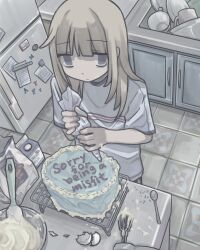Rule 34 | 1girl, absurdres, blunt bangs, bowl, broken egg, brown hair, cake, closed mouth, cooking, cupboard, english text, food, grey eyes, grey shirt, gudon udon, highres, holding, holding pastry bag, indoors, kitchen, long hair, looking at viewer, magnet, milk carton, original, pastry bag, refrigerator, refrigerator magnet, shirt, short sleeves, sink, solo, spoon, standing, tile floor, tiles, upper body