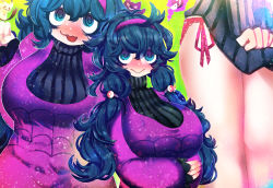 Rule 34 | 1girl, @ @, ahoge, alternate breast size, alternate costume, alternate hairstyle, artist name, black eyes, blue hair, blush, breasts, closed mouth, colored sclera, creatures (company), dress, female focus, game freak, gastly, gen 1 pokemon, gen 7 pokemon, gengar, green background, hair tie, hairband, hakkasame, hand up, hex maniac (pokemon), lace, lace-trimmed panties, lace trim, large breasts, legs, legs together, long hair, long sleeves, lower body, messy hair, mimikyu, multiple views, nail polish, nintendo, nose blush, npc trainer, open mouth, panties, pink nails, pink panties, poke ball theme, pokemon, pokemon (creature), pokemon xy, purple dress, purple eyes, purple hair, purple hairband, purple sweater, red sclera, ribbed sweater, shirt tug, side-tie panties, simple background, smile, standing, sweat, sweater, teeth, turtleneck, turtleneck dress, twintails, twitter username, underwear, upper body, wavy mouth