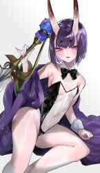 Rule 34 | 1girl, aano (10bit), bad id, bad twitter id, bare legs, bare shoulders, black bow, black bowtie, black leotard, blush, bob cut, bow, bowtie, breasts, detached collar, eyeliner, fangs, fate/grand order, fate (series), feet out of frame, gourd, highres, holding, holding sword, holding weapon, horns, japanese clothes, kimono, leotard, looking at viewer, makeup, oni, open clothes, open kimono, parted lips, purple eyes, purple hair, purple kimono, see-through, see-through leotard, short hair, shuten douji (fate), simple background, skin-covered horns, small breasts, solo, strapless, strapless leotard, sword, thick eyebrows, traditional bowtie, weapon, white background, white wrist cuffs, wrist cuffs