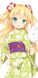 Rule 34 | 10s, 1girl, blonde hair, blue eyes, blush, cotton candy, fang, highres, idolmaster, idolmaster cinderella girls, japanese clothes, jougasaki rika, kaiware-san, kimono, long hair, looking at viewer, open mouth, simple background, solo, two side up, white background, wide sleeves