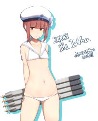 Rule 34 | 10s, 1girl, arms behind back, bikini, blunt bangs, brown eyes, brown hair, collarbone, cowboy shot, flat chest, gluteal fold, hat, kantai collection, looking at viewer, navel, osterei, sailor bikini, sailor collar, short hair, simple background, solo, swimsuit, torpedo, white background, white bikini, white hat, z3 max schultz (kancolle)