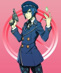 Rule 34 | 1girl, androgynous, atlus, blue eyes, blue hair, cabbie hat, coat, double-breasted, gun, handgun, hat, matching hair/eyes, megami tensei, persona, persona 4, persona 4: the ultimate in mayonaka arena, persona 4: the ultimax ultra suplex hold, reverse trap, revolver, sami (object dump), school uniform, shin megami tensei, shirogane naoto, short hair, solo, very short hair, weapon