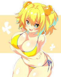 Rule 34 | 1girl, bikini, blonde hair, blue eyes, blush, breasts, clover-shaped pupils, crossed arms, explosive, fang, grenade, hair ornament, highres, komoda robo, large breasts, navel, open mouth, panties, pine (bombergirl), smile, swimsuit, symbol-shaped pupils, underwear, yellow background, yellow bikini