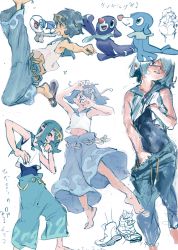 Rule 34 | 1girl, absurdres, arm up, arms up, bare shoulders, blue eyes, blue hair, blue one-piece swimsuit, blue pants, blue sailor collar, blush, closed mouth, clothes lift, clothes pull, collarbone, creatures (company), female focus, fish, flat chest, from side, full body, game freak, gen 7 pokemon, hair over one eye, hairband, happy, highres, japanese text, jumping, lana (pokemon), looking at viewer, matching hair/eyes, midriff, multiple views, navel, nintendo, nose blush, one-piece swimsuit, open mouth, outstretched arm, pants, pants pull, parted lips, perokisu, pokemon, pokemon (creature), pokemon sm, profile, sailor collar, sandals, shirt, shirt lift, shoes, short hair, sideways mouth, simple background, sketch, sleeveless, sleeveless shirt, smile, spread legs, standing, swimsuit, swimsuit under clothes, translation request, undressing, white background, white shirt, wishiwashi, yellow hairband