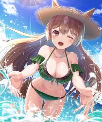 Rule 34 | 1girl, :d, absurdres, animal ears, bikini, blue sky, breasts, brown hair, cleavage, cloud, commentary request, frilled bikini, frills, gluteal fold, green bikini, hair ornament, hat, highres, horse ears, horse girl, horse tail, large breasts, long hair, looking at viewer, navel, ocean, one eye closed, open mouth, outdoors, red eyes, satono diamond (umamusume), sky, smile, solo, splashing, standing, stomach, straw hat, sun, sunlight, swimsuit, tail, teeth, thigh gap, umamusume, upper teeth only, wading, wanderlucia, water, water drop