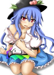 Rule 34 | 1girl, blue hair, breasts, female focus, flat chest, food, fruit, hat, hinanawi tenshi, hirayama-h, long hair, peach, red eyes, sitting, solo, touhou, white background