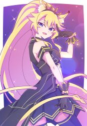 Rule 34 | 1girl, animal ear fluff, animal ears, armband, bare shoulders, black gloves, black jacket, black skirt, black thighhighs, blonde hair, blue eyes, crown, dress, e20, gloves, hair between eyes, half-closed eye, hand up, high ponytail, highres, jacket, long hair, looking at viewer, looking to the side, open mouth, outside border, pleated skirt, ponytail, rararin (show by rock!!), show by rock!!, skirt, sleeveless, sleeveless jacket, solo, tail, thighhighs, uneven eyes, very long hair