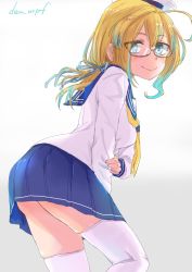 Rule 34 | 1girl, alternate costume, blonde hair, blue eyes, blue sailor collar, blue skirt, breasts, cowboy shot, glasses, gradient background, hat, highres, i-8 (kancolle), kantai collection, kote (dew), large breasts, long sleeves, looking at viewer, low twintails, one-hour drawing challenge, peaked cap, pleated skirt, sailor collar, school uniform, serafuku, skirt, smile, solo, thighhighs, twintails, twitter username, white background