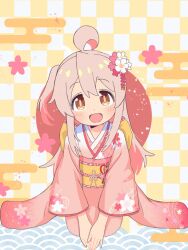 Rule 34 | 1girl, :d, ahoge, brown eyes, cherry blossom print, commentary, dot nose, floral print, flower, full body, furisode, hair between eyes, hair flower, hair ornament, highres, japanese clothes, kimono, light blush, long hair, long sleeves, looking at viewer, obi, one side up, onii-chan wa oshimai!, open mouth, oyama mahiro, pink kimono, sash, sitting, smile, solo, tarupikox1, v arms, wide sleeves