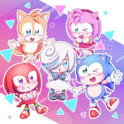 Rule 34 | 2girls, 3boys, abstract background, amy rose, aqua eyes, blue eyes, chibi, commentary, highres, hoshinekirakira, knuckles the echidna, multiple boys, multiple girls, one eye closed, open mouth, purple eyes, sage (sonic), smile, sonic (series), sonic frontiers, sonic the hedgehog, spoilers, tails (sonic), white hair