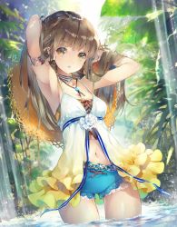 Rule 34 | 1girl, :o, armlet, armpits, arms up, bare arms, breasts, brown hair, commentary request, day, deecha, dress, flower, frilled dress, frills, gluteal fold, hat, unworn hat, unworn headwear, highres, jewelry, leaf, long hair, looking at viewer, medium breasts, multicolored clothes, multicolored dress, navel, necklace, original, outdoors, plant, solo, straw hat, wading, water, white dress, white flower, yellow dress, yellow eyes