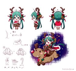 Rule 34 | ahoge, animal costume, antlers, bell, cape, christmas, green eyes, green hair, hair bell, hair ornament, hatsune miku, highres, horns, imoko (imonatsuki), long hair, open mouth, red nose, reindeer, reindeer antlers, reindeer costume, riding, twintails, very long hair, vocaloid