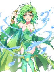 Rule 34 | 1girl, :p, breasts, detached sleeves, earrings, final fantasy, final fantasy iv, green eyes, green hair, hair ornament, highres, jewelry, long hair, looking at viewer, aged up, rydia (ff4), sa kichi, smile, solo, square enix, thighhighs, tongue, tongue out, weapon, white background