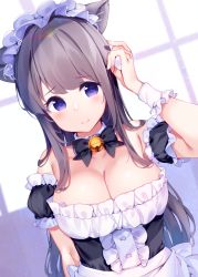 Rule 34 | 1girl, animal ear fluff, animal ears, apron, arm at side, arm up, bell, black bow, black dress, black sleeves, blush, bow, breasts, brown hair, cat ears, center frills, chikuwa., cleavage, closed mouth, collar, commentary, detached collar, detached sleeves, dress, dutch angle, frilled apron, frills, jingle bell, large breasts, long hair, looking at viewer, original, puffy short sleeves, puffy sleeves, purple eyes, short sleeves, smile, solo, very long hair, waist apron, white apron, white collar, wing collar
