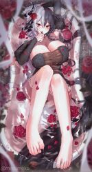 Rule 34 | 1girl, arm up, barefoot, bathtub, black hair, breasts, cleavage, commentary, feet, flower, highres, knees together feet apart, large breasts, less (neverless), long hair, long sleeves, looking at viewer, lying, merumeko, multicolored hair, on back, original, partially submerged, petals, red eyes, rose, solo, symbol-only commentary, toes, twitter username, two-tone hair, water, wet, white hair