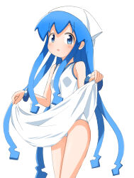 Rule 34 | 1girl, bare legs, blue bracelet, blue eyes, blush, breasts, clothes lift, dress, hat, highres, ikamusume, legs, long hair, looking at viewer, matching hair/eyes, msb 115mc, open mouth, prehensile hair, shinryaku! ikamusume, simple background, small breasts, solo, squid hat, standing, tentacle hair, tentacles, white background