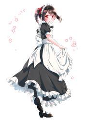 Rule 34 | 1girl, absurdres, alternate costume, apron, apron lift, black footwear, black hair, black ribbon, black shirt, black skirt, blush, bow, closed mouth, clothes lift, enmaided, frilled skirt, frills, from side, hair between eyes, hair bow, highres, kobayashi nyoromichi, long skirt, looking at viewer, love live!, love live! school idol project, maid, maid headdress, mary janes, neck ribbon, red bow, red eyes, ribbon, shirt, shoes, short hair, short sleeves, skirt, smile, solo, standing, standing on one leg, twintails, white apron, white background, white legwear, yazawa nico