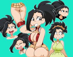 Rule 34 | 10s, 1girl, aqua background, ass, bare arms, black eyes, black hair, boku no hero academia, boots, breasts, cleavage, collarbone, constricted pupils, dress, embarrassed, closed eyes, highres, large breasts, legs, leotard, looking at viewer, looking to the side, multiple views, navel, open clothes, open mouth, red leotard, samurairen, screaming, simple background, surprised, sweatdrop, teeth, tongue, tongue out, upper teeth only, yaoyorozu momo
