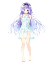 Rule 34 | 1girl, arms behind back, bare shoulders, barefoot, blue hair, blush, bow, collarbone, full body, golden marriage, hair bow, hayakawa harui, highres, looking at viewer, marika von wittelsbach, official art, purple eyes, see-through, smile, solo, standing, swimsuit, transparent background