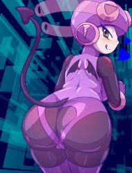 Rule 34 | 00s, 1girl, android, ass, ass cutout, ass expansion, blush, bodysuit, breasts, cameltoe, clothing cutout, come hither, corruption, dark persona, demon tail, demon wings, eroruru, from behind, gloves, green eyes, heart, heart cutout, helmet, huge ass, leaning, leaning forward, long hair, looking back, mega man (series), mega man battle network, naughty face, roll.exe (mega man), shiny clothes, skin tight, smile, solo, tail, thighhighs, tongue, tongue out, turtleneck, wings