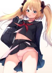 Rule 34 | 1girl, bag, black ribbon, black sailor collar, black serafuku, black shirt, black skirt, blonde hair, blush, bow, breasts, character request, choker, commentary request, copyright request, cowboy shot, gluteal fold, green eyes, hair bow, hair ribbon, hand up, heart, heart choker, highres, long hair, long sleeves, looking down, midriff, miniskirt, miso (misomiso 154), neckerchief, panties, pantyshot, parted lips, pink choker, pink panties, pleated skirt, red neckerchief, ribbon, sailor collar, school bag, school uniform, serafuku, shirt, short hair, skirt, small breasts, solo, underwear, white background, wind, wind lift