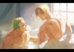 Rule 34 | 2boys, absurdres, bara, bed, blonde hair, cigarette, closed mouth, couple, facial hair, green hair, highres, holding another&#039;s arm, indoors, large pectorals, looking at another, male focus, multiple boys, muscular, muscular male, nipples, on bed, one piece, pectorals, poipoisky72, roronoa zoro, sanji (one piece), scar, scar on chest, short hair, sideburns, smoking, yaoi