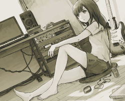Rule 34 | 1girl, bare legs, barefoot, black hair, can, computer, greyscale, guitar, indoors, instrument, kensight328, keyboard (instrument), knee up, long hair, monochrome, original, shadow, shirt, short sleeves, shorts, sitting, solo, speaker, white shirt